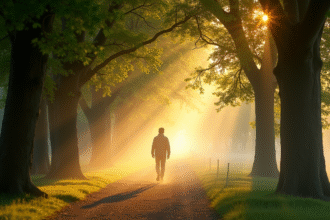 Personne marchant dans un chemin bordé d'arbres au matin avec brume