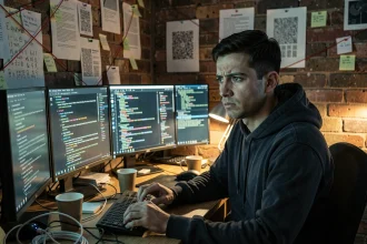 Jeune homme scrutant des forums internet mystérieux sur plusieurs écrans entourés de notes et fils rouges dans une chambre sombre
