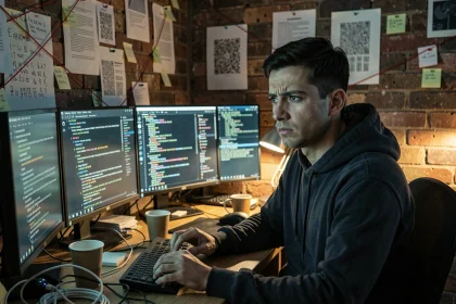 Jeune homme scrutant des forums internet mystérieux sur plusieurs écrans entourés de notes et fils rouges dans une chambre sombre