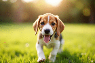 Chiot beagle joueur en extérieur sur l'herbe ensoleillée