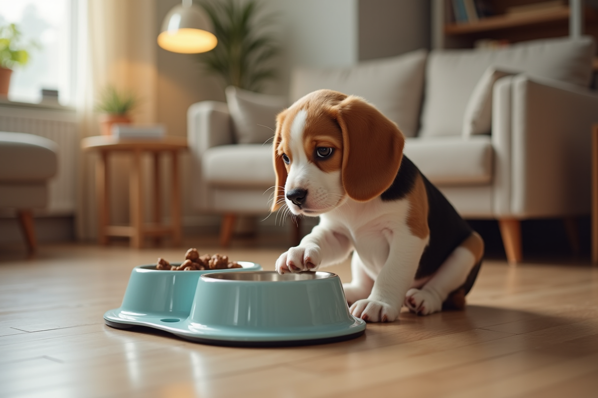 Chiot beagle dans la maison avec gamelles de nourriture et d