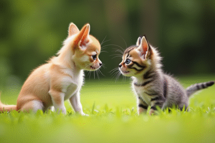 Petit chihuahua observant un chaton curieux dans l'herbe verte