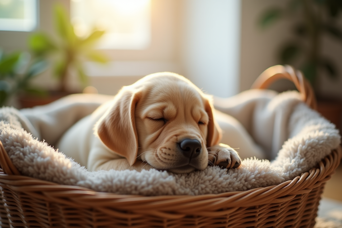 Chiot labrador dormant dans un panier dans un salon cosy