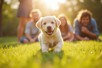 Chiot labrador jouant dans l'herbe en famille en plein air