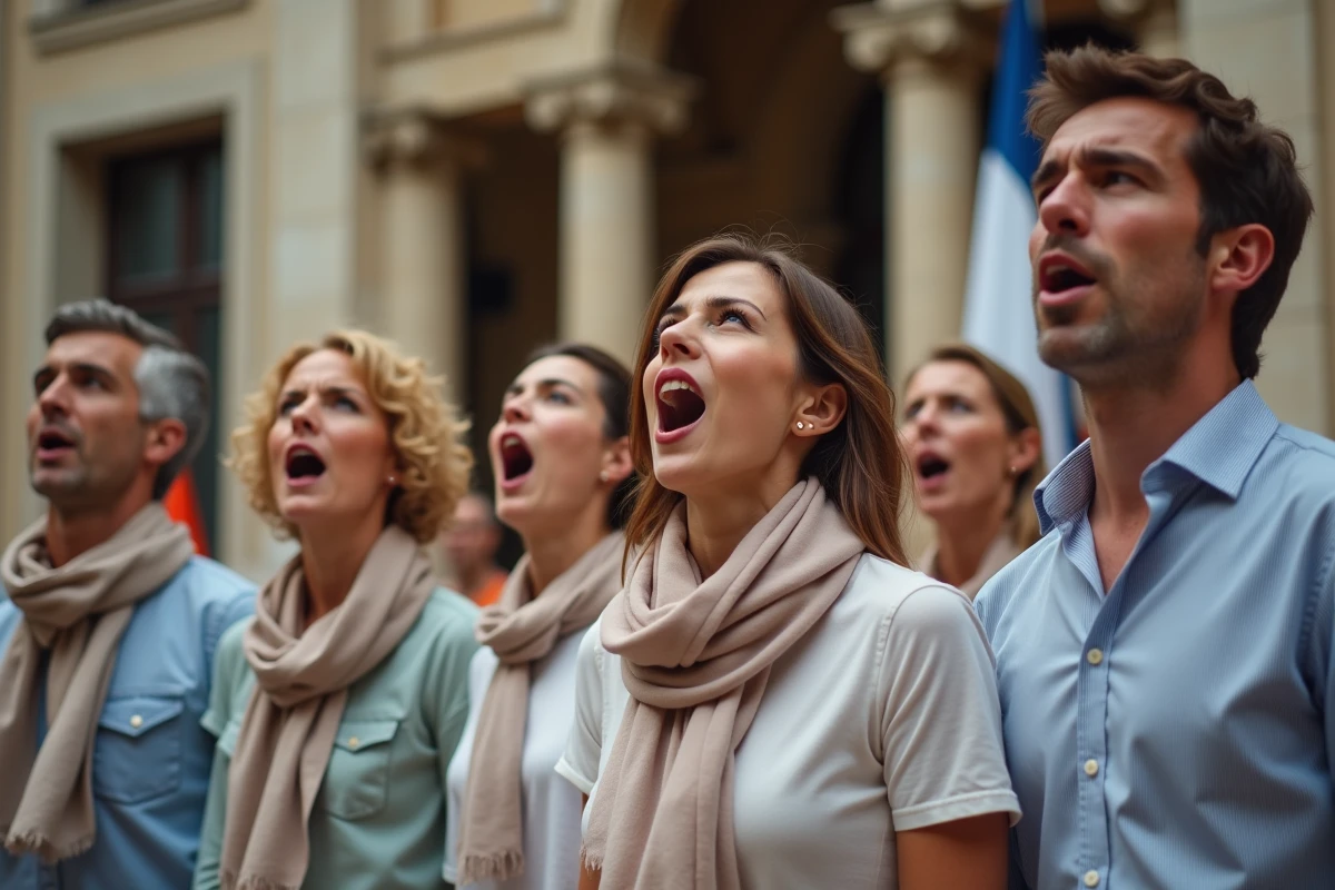 Chorale chantant La Marseillaise devant une mairie française avec le drapeau tricolore