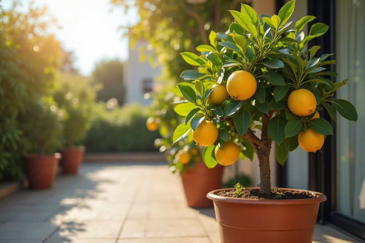 Citronnier en pot sur terrasse ensoleillee avec feuilles jaunes