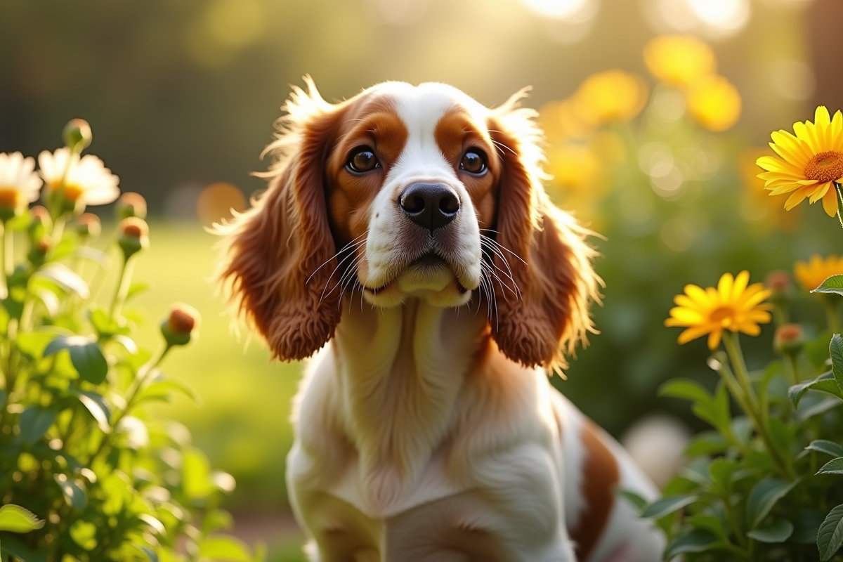 Cocker spaniel anglais dans un jardin ensoleille avec fleurs