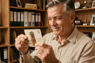 Collectionneur examinant une carte téléphonique cabine vintage avec attention dans un bureau rempli de souvenirs rétro