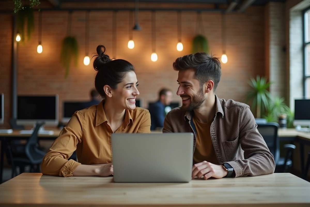 Deux collègues discutant des droits d'auteur sur une plateforme numérique dans un espace de coworking