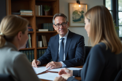 Conseiller financier en costume bleu avec couple en réunion