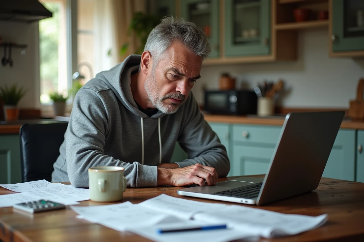 Homme analysant des reçus et offres en ligne avant le Black Friday depuis son domicile