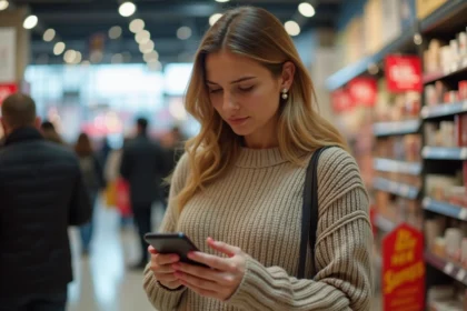 Femme comparant les prix sur son smartphone dans un centre commercial pendant le Black Friday novembre 2026