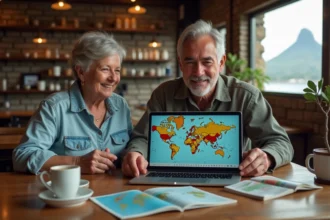 Couple voyageur dans un café avec carte du monde