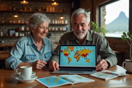 Couple voyageur dans un café avec carte du monde