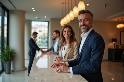 Couple élégant à la réception d'hôtel à Lyon