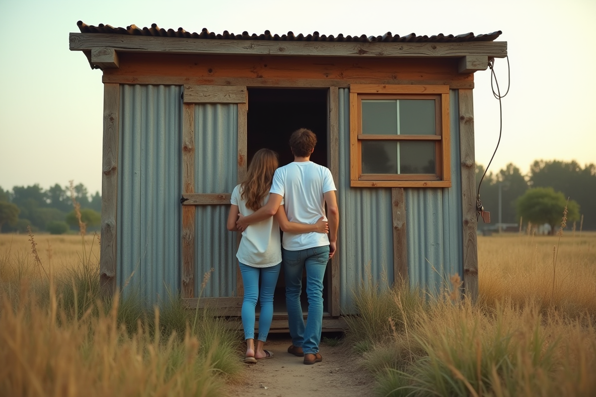 Jeune couple devant une tiny house en bois recyclé