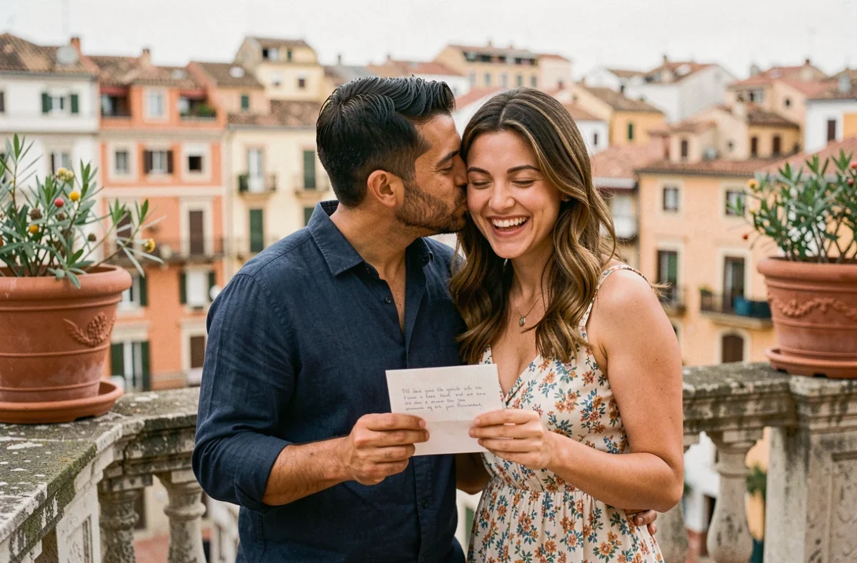Couple latino échangeant des mots d'amour en espagnol sur une terrasse méditerranéenne