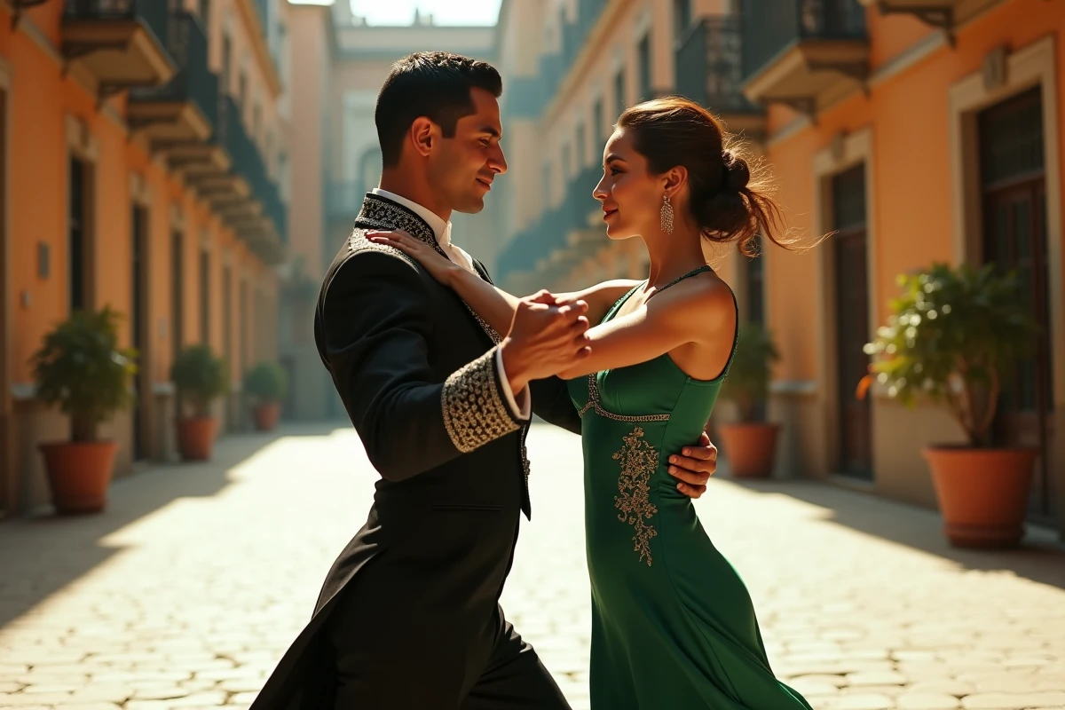 Couple espagnol dansant le paso doble en costume traditionnel sur une place pavée ensoleillée