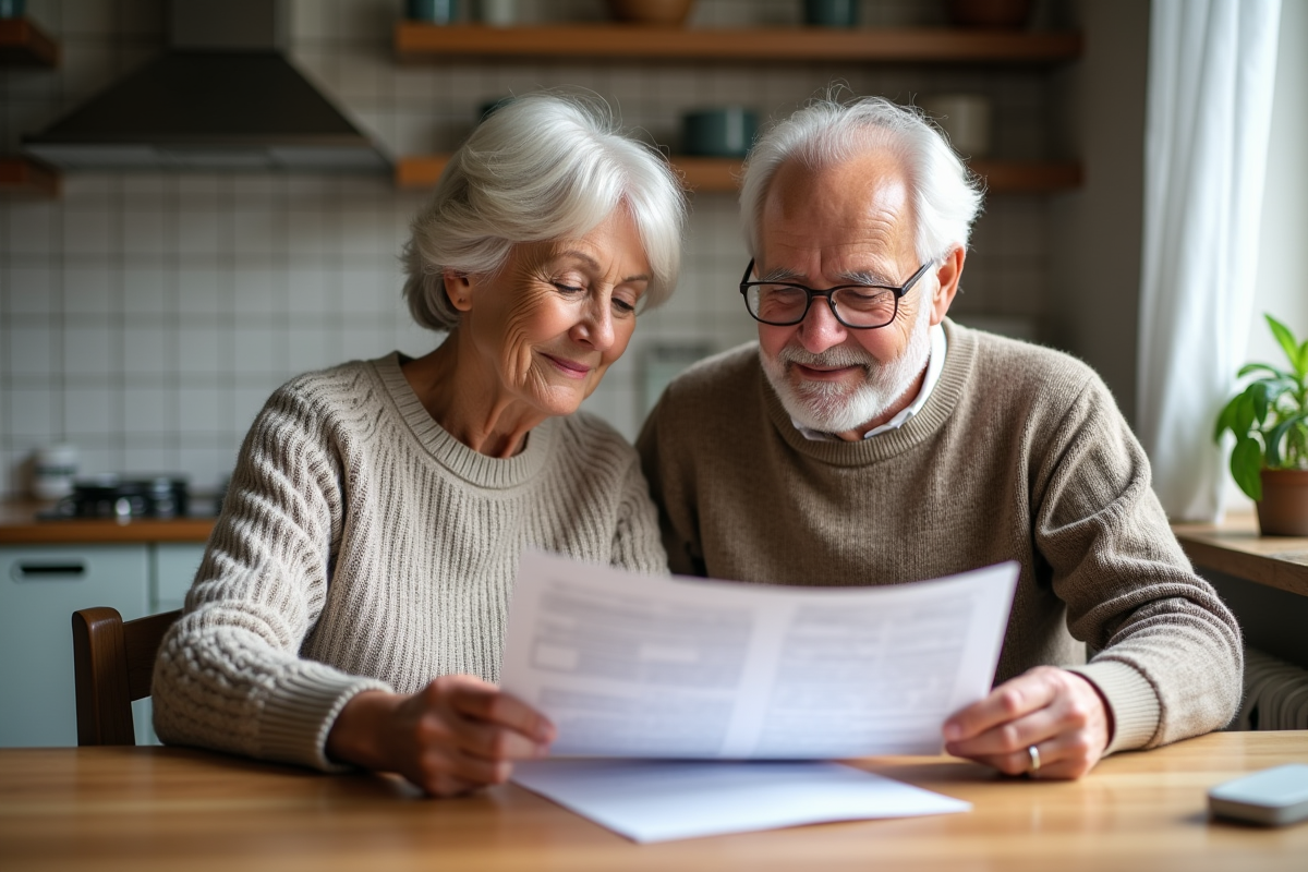 Couple retraité français lisant leurs papiers de pension à la maison