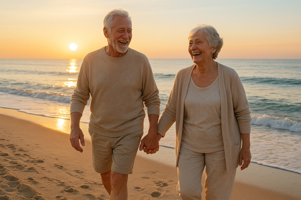 Couple de retraités heureux marchant sur la plage au lever du soleil