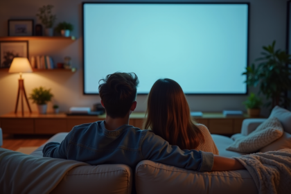 Jeune couple regardant une projection dans un salon moderne