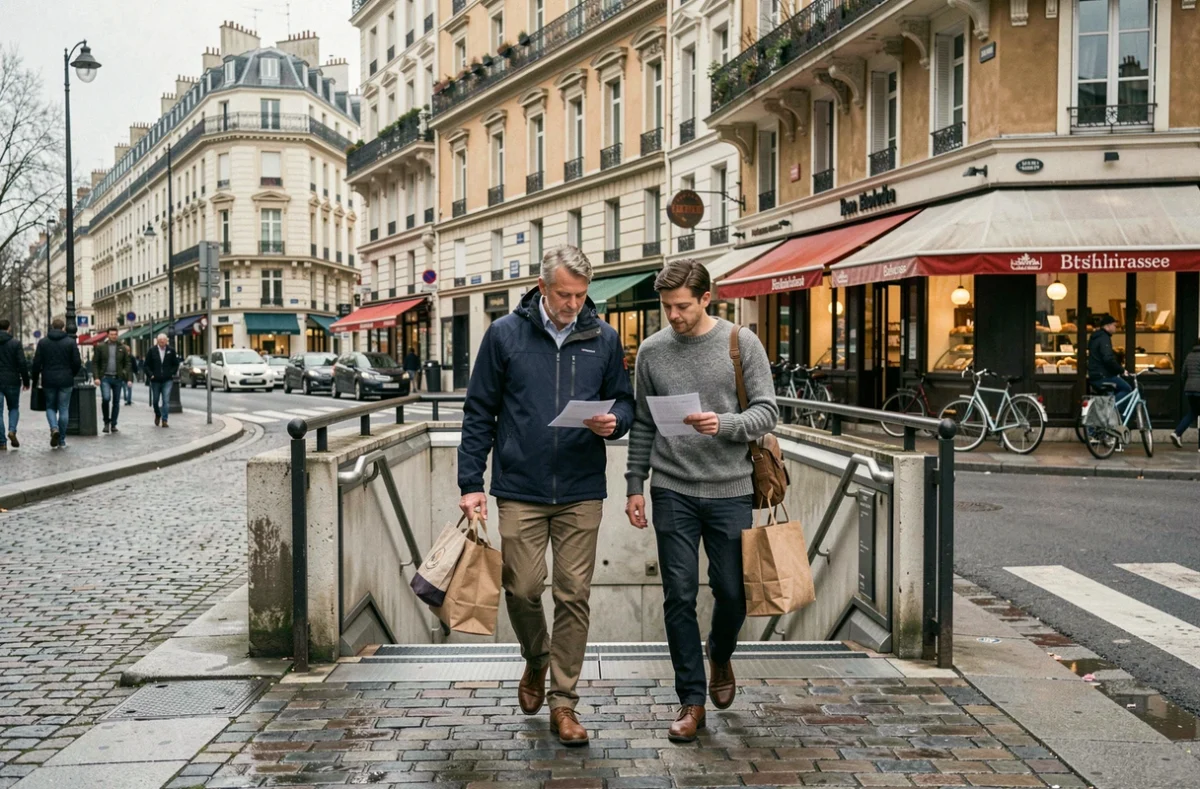 Couple de touristes sortant d'une station de métro parisienne proche d'un hôtel, ligne 9 Paris