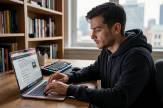 Jeune homme analysant les critères d'un jeu à télécharger sur son ordinateur portable dans un bureau à domicile