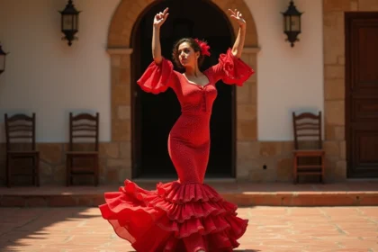 Danseuse de flamenco espagnole en robe rouge à volants sur scène traditionnelle andalouse