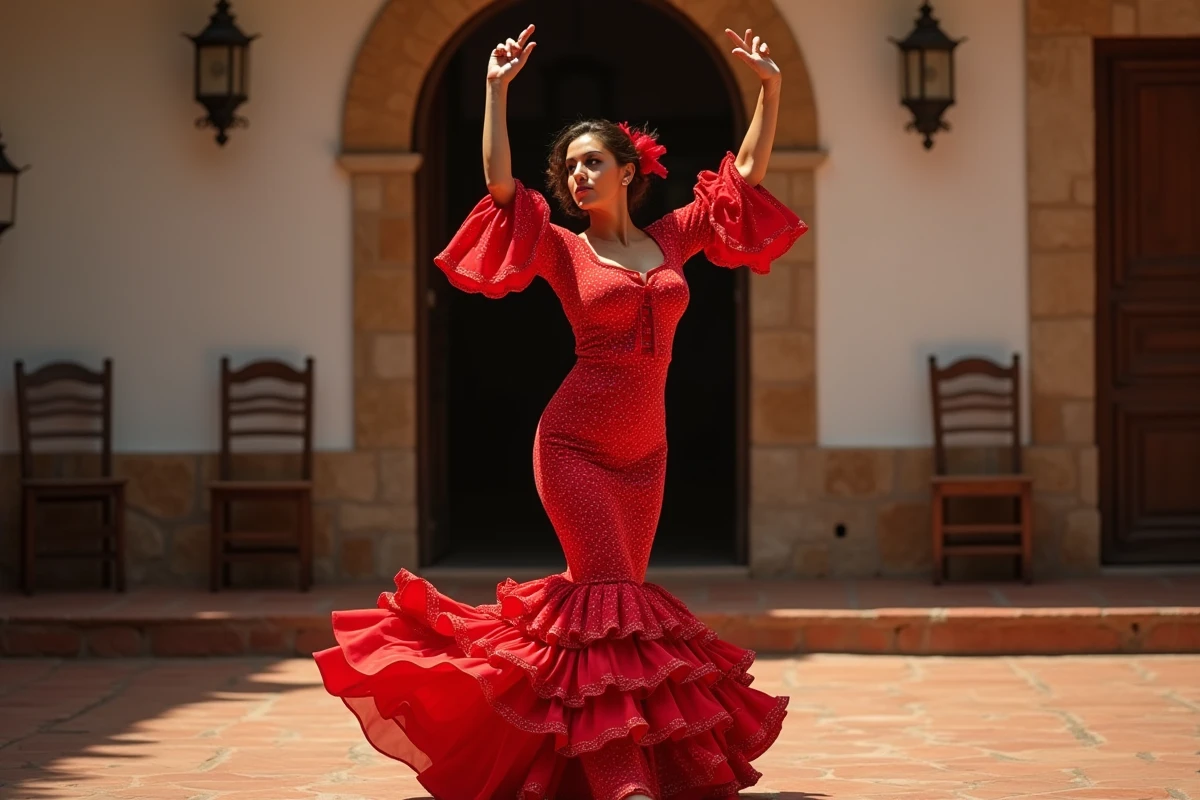 Danseuse de flamenco espagnole en robe rouge à volants sur scène traditionnelle andalouse