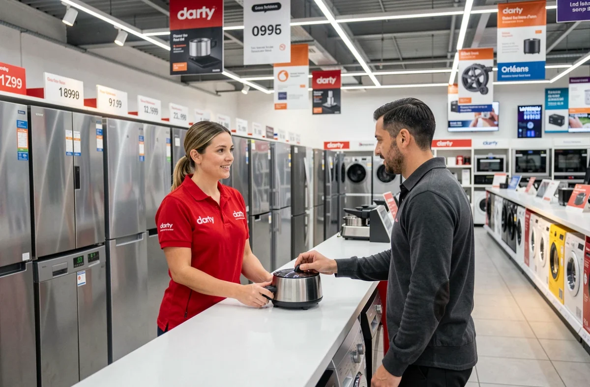 Comptoir du service de réparation électroménager chez Darty Orléans, avec une technicienne accueillant un client apportant un appareil défectueux
