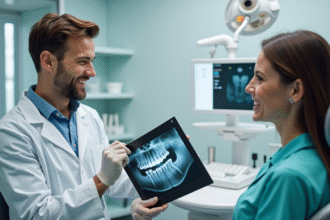 Dentiste souriant montrant un implant dentaire à un patient