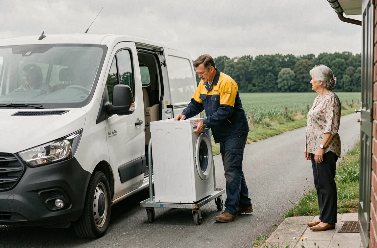 Technicien Depann 7 Savelem chargeant un appareil réparé dans son véhicule sur une route rurale du Loir-et-Cher