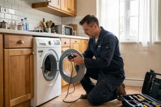 Technicien en électroménager réparant un lave-linge dans une cuisine française typique, représentant le dépannage électroménager en Centre-Val de Loire