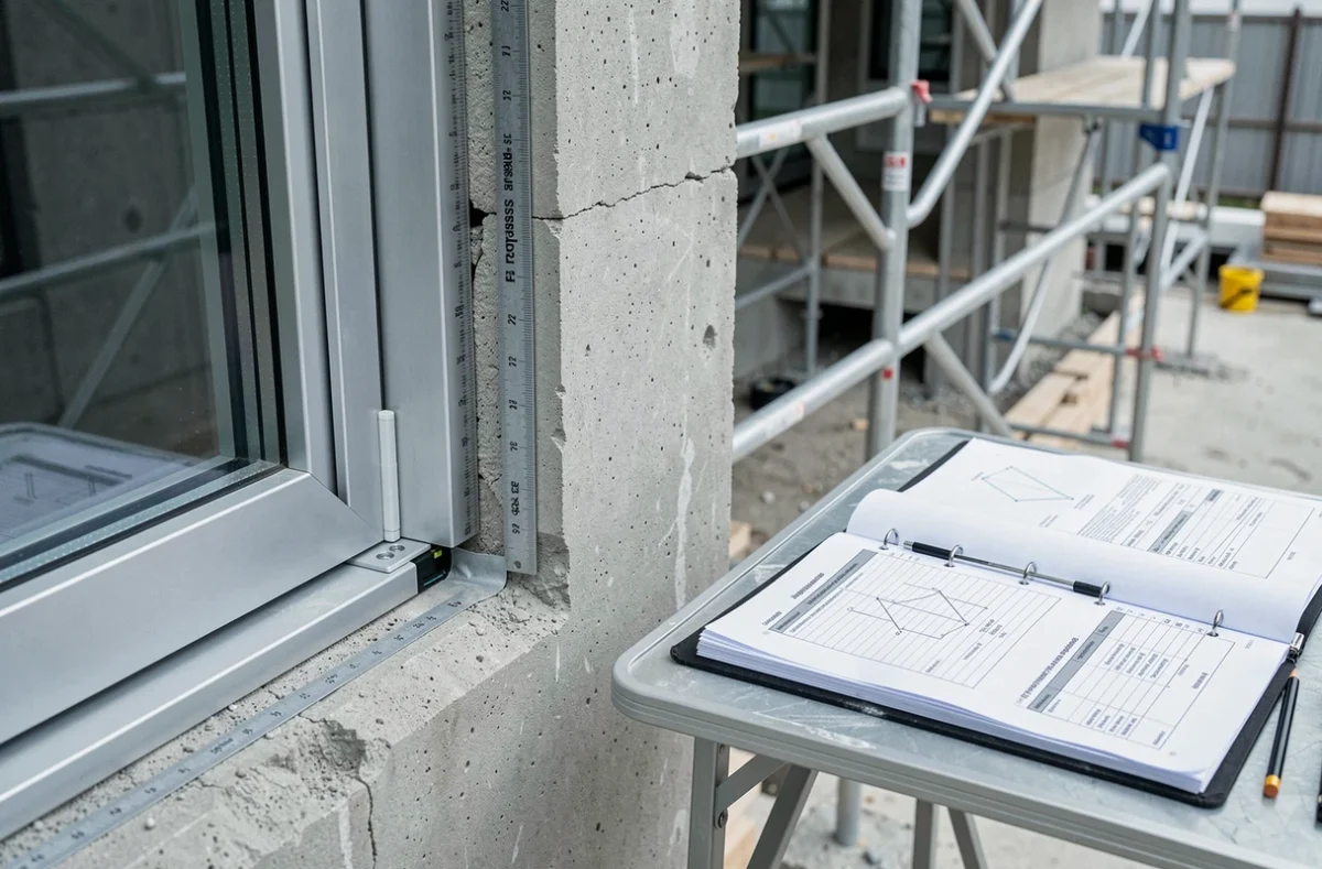 Détail d'un cadre Franchassis installé en façade béton avec documents de chiffrage pour projet mixte sans surcoût