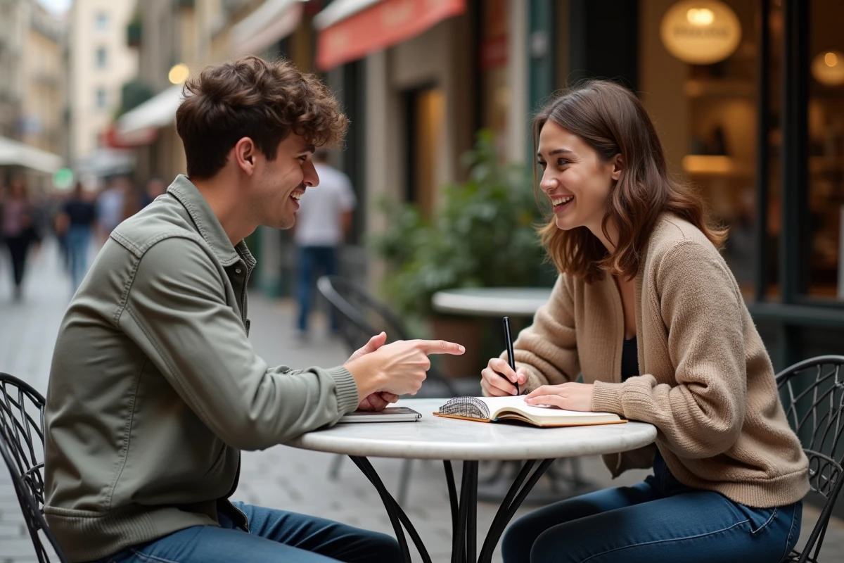Deux jeunes adultes révisant des expressions françaises avec un guide de conversation dans un café en terrasse sur une rue pavée
