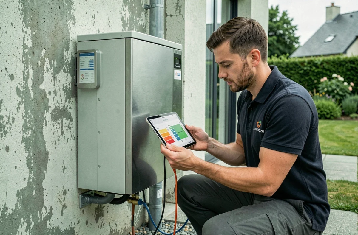 Technicien Digitec Énergies contrôlant une pompe à chaleur extérieure avec une tablette numérique en Finistère