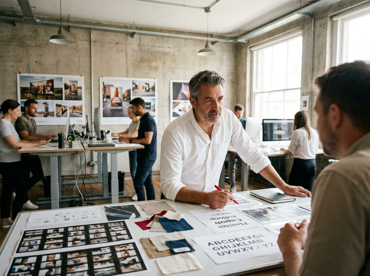 Directeur artistique analysant des planches contact et des moodboards visuels dans une agence créative pour construire la narration photographique d'une marque