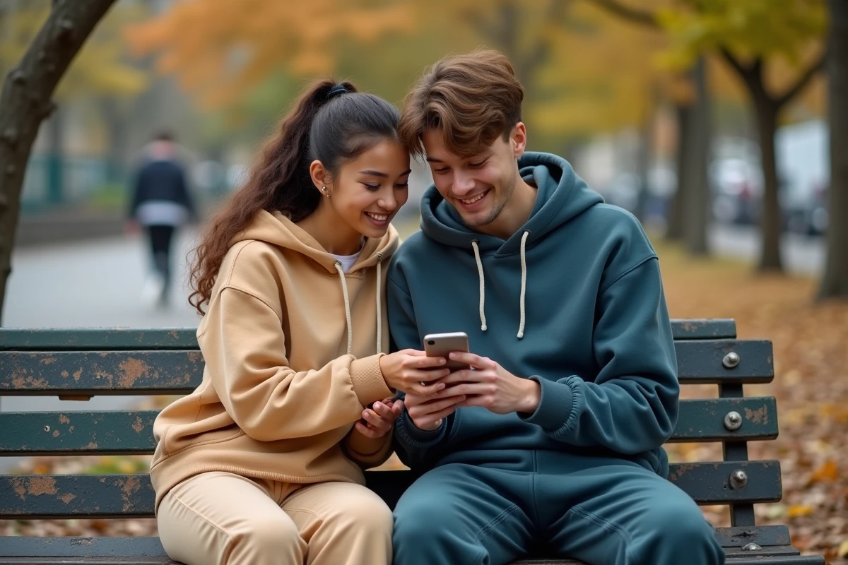 Deux jeunes adultes lisant ensemble un webtoon en scan VF sur smartphone dans un parc urbain en automne