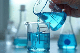Prise de vue d'un cylindre de mesure versant 10 ml d'eau bleue dans un bécher