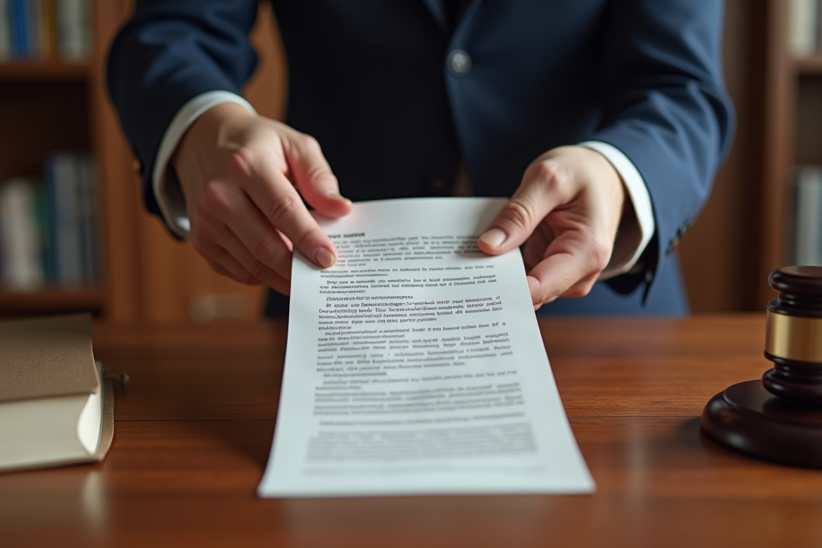 Main échangeant un document juridique sur un bureau en tribunal