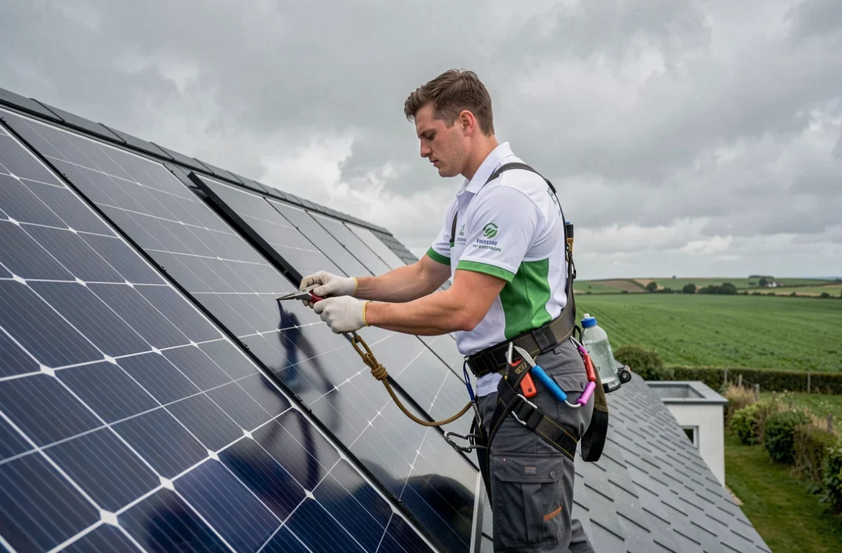 Technicien Énergie De Demain installant un panneau solaire thermique sur un toit breton sous un ciel nuageux