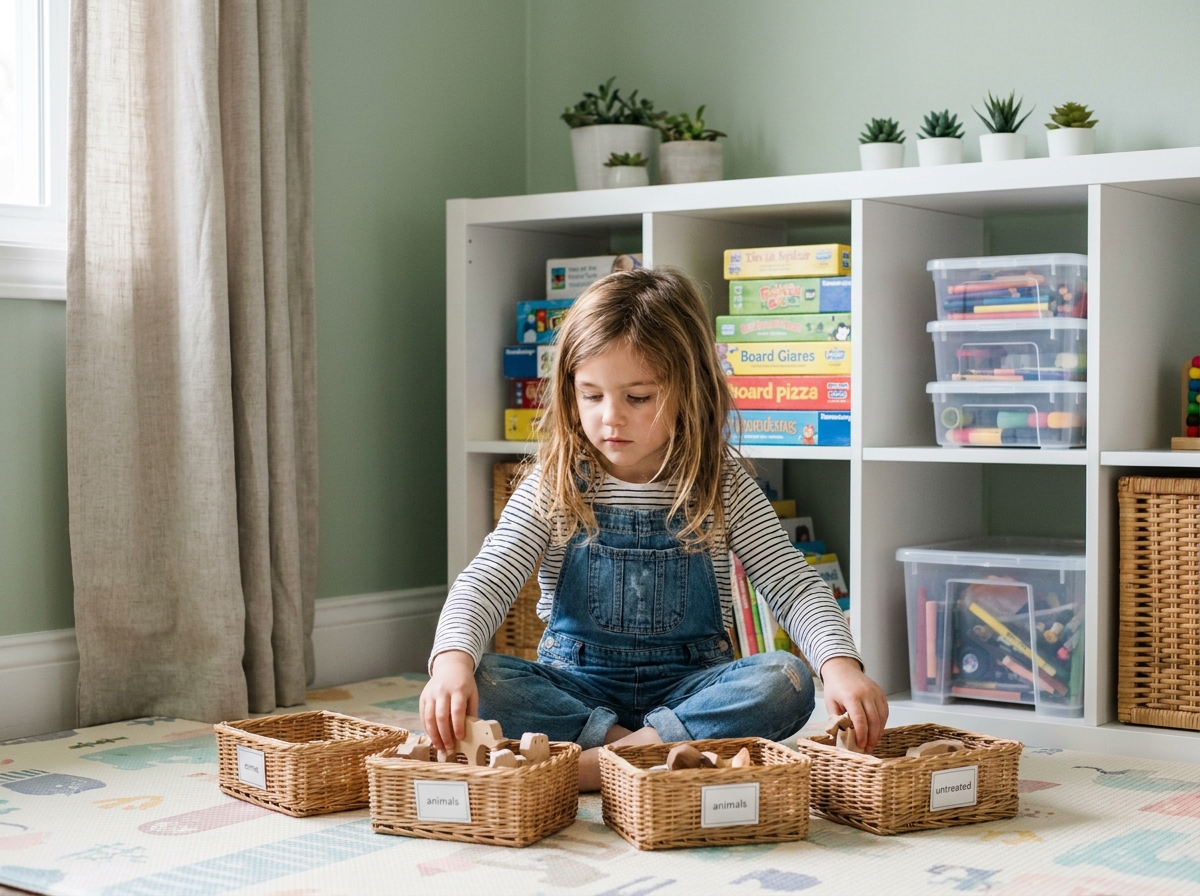 Jeune fille rangeant ses jouets en bois dans des paniers étiquetés dans une chambre organisée