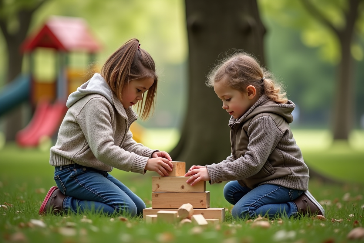 Enfants construisant une structure en bois dans un parc naturel