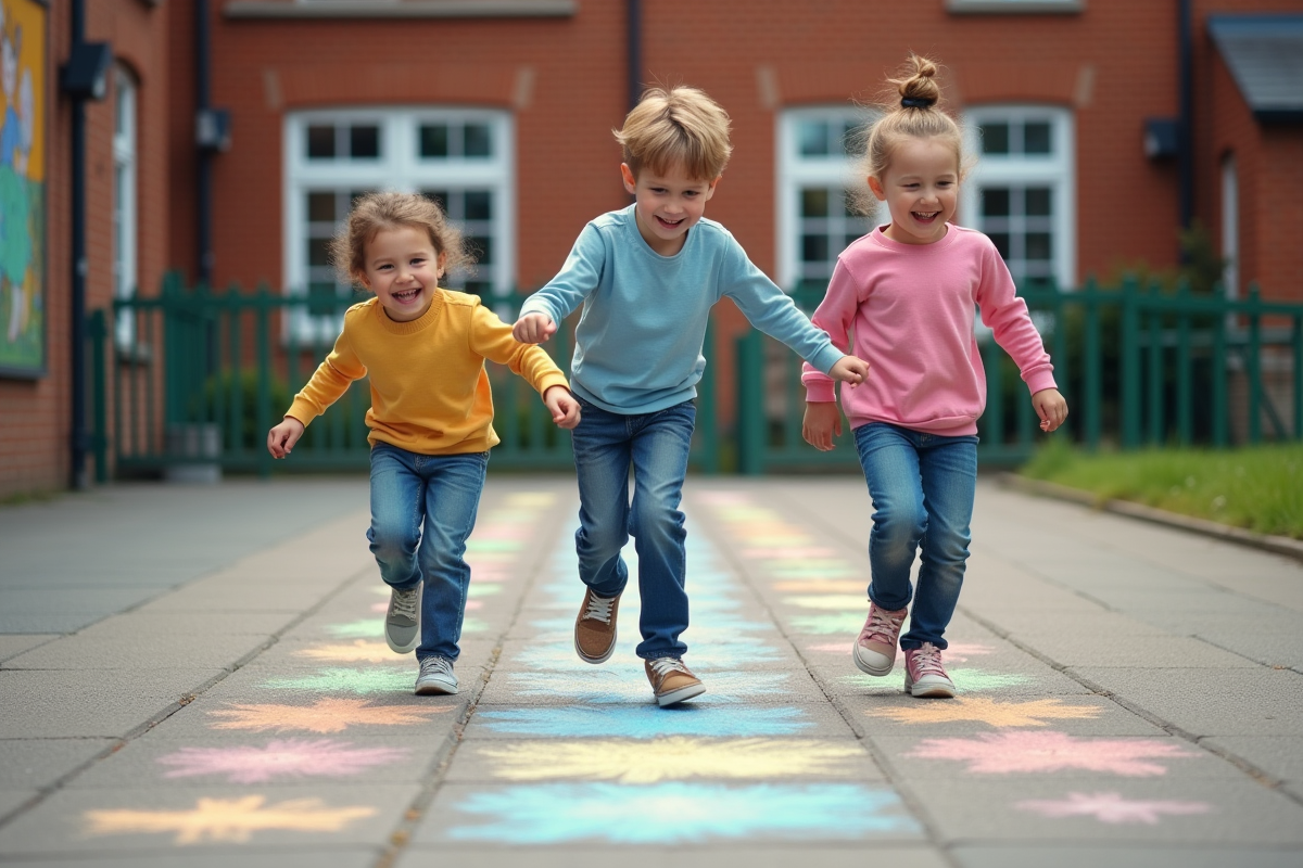 Enfants jouant au marelle dans la cour d