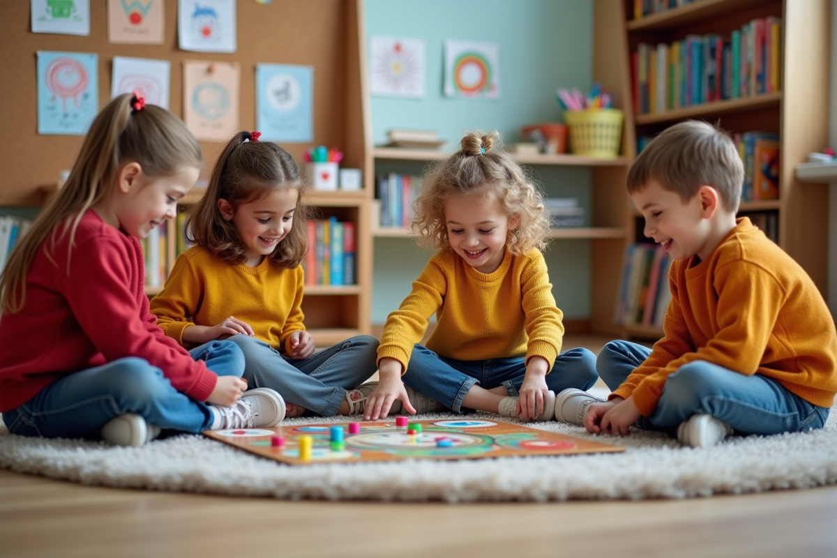 Groupe d'enfants jouant à un jeu coopératif dans une classe colorée