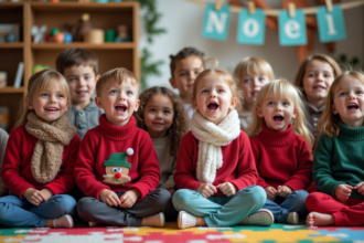Groupe d'enfants de maternelle chantant dans une classe décorée pour Noël