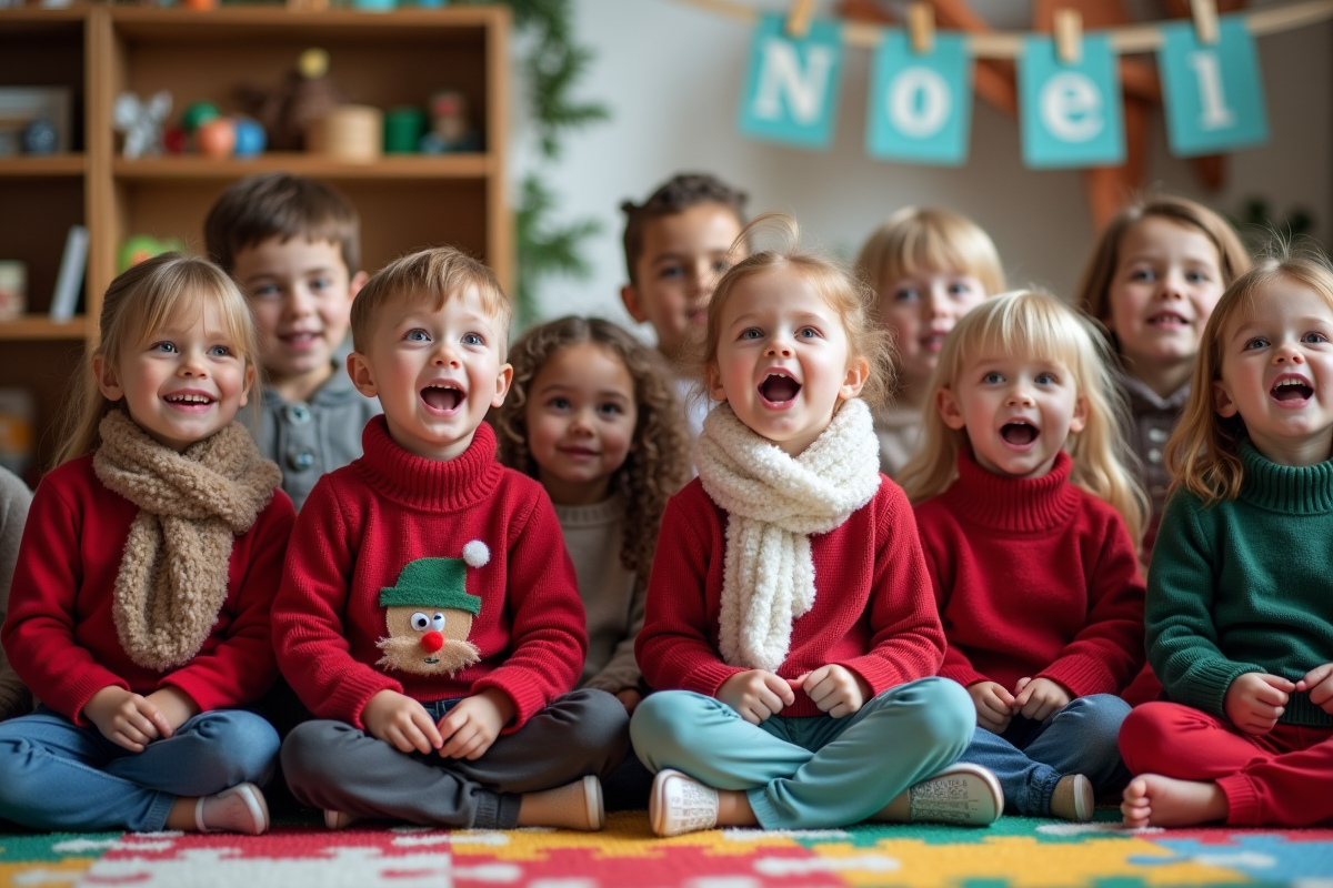 Groupe d'enfants de maternelle chantant dans une classe décorée pour Noël