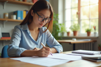 Enseignant à son bureau organisé en pleine correction de documents