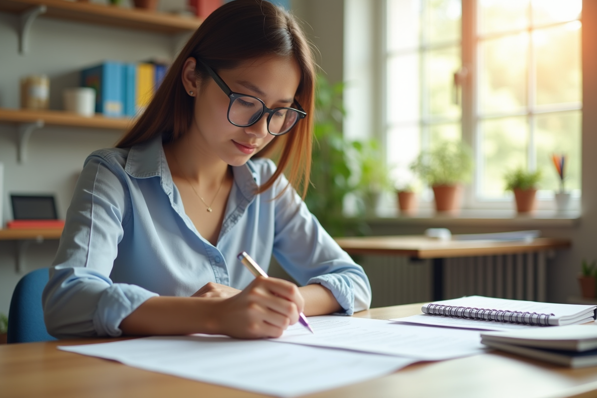 Enseignant à son bureau organisé en pleine correction de documents