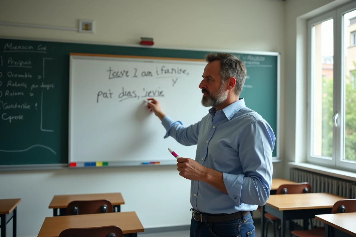 Enseignant expliquant une expression française au tableau blanc dans une salle de classe avec des notes de vocabulaire au mur